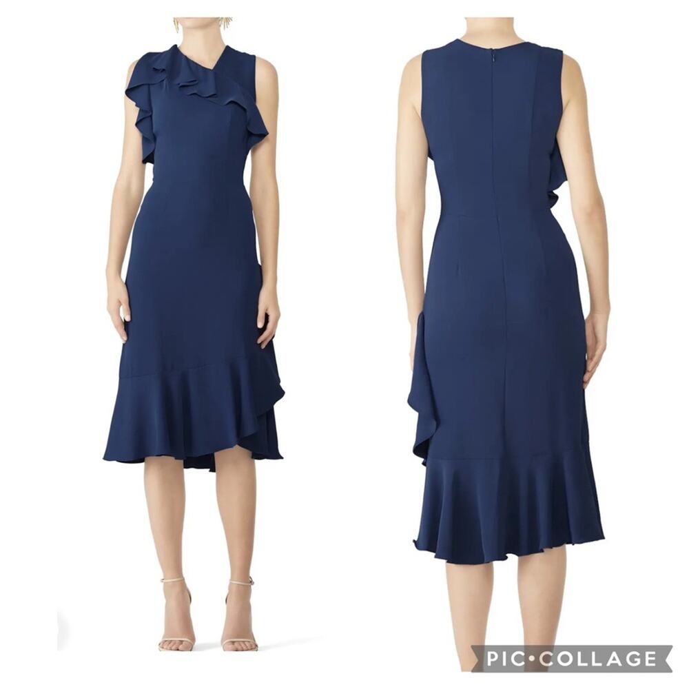 Amanda Uprichard Elegant Navy Blue Ruffle Midi Dress Special Occasion